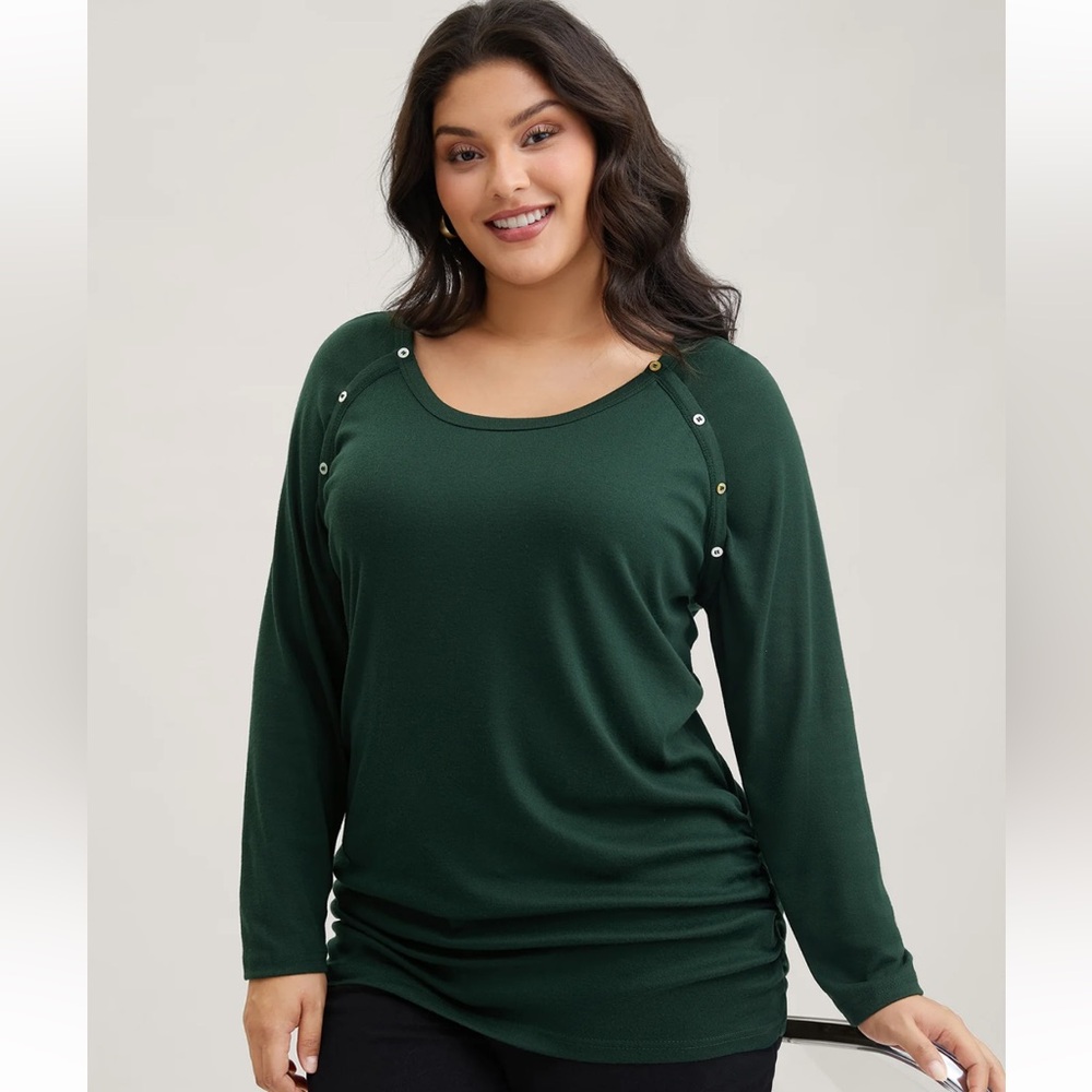 BloomChic Dark Green Plain Gathered Button Detail Long Sleeve T-shirt